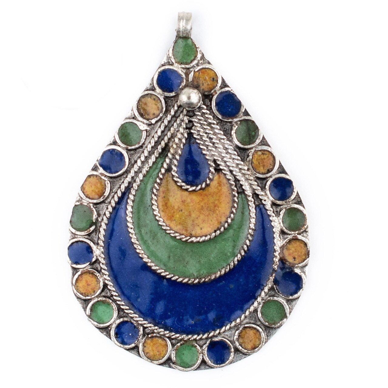 The Bead Chest Peacock Eye Medallion Enameled Berber Pendant 42mm Morocco African Multicolor White Metal Large Hole Handmade